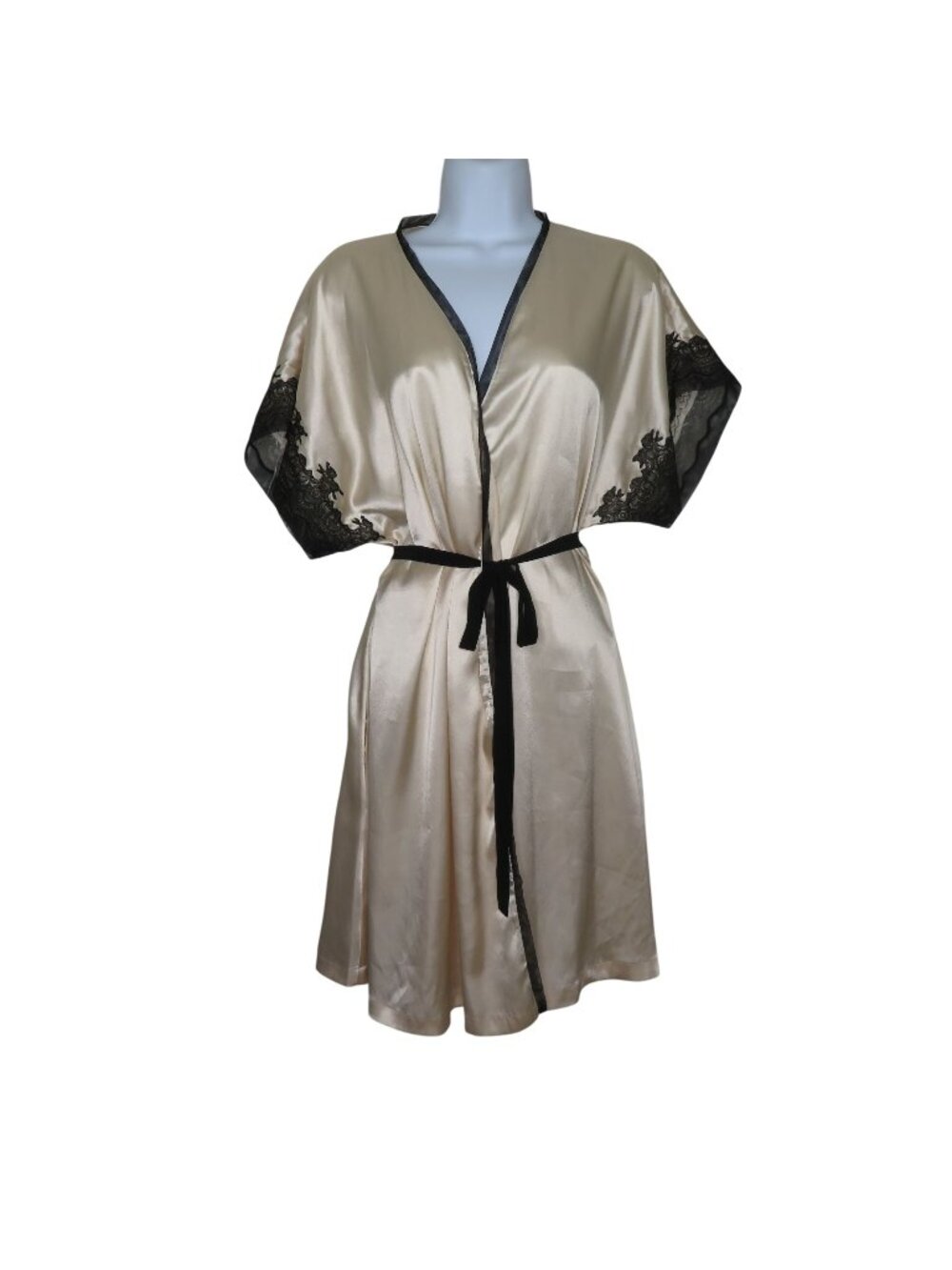 Oscar De La Renta Pink Label Womens Satin Robe Lace Trim Attached Belt XL Beige